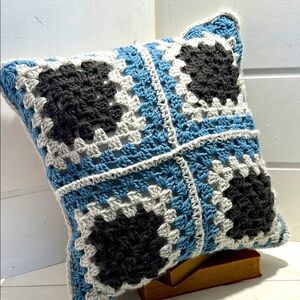 Vintage Handmade Crochet Pillow - Blue and Gray granny squares/15” square